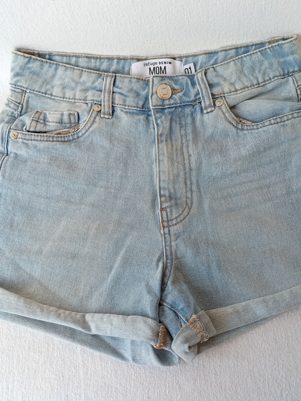 refuge High Rise Light Blue Rolled Hem Mom Shorts